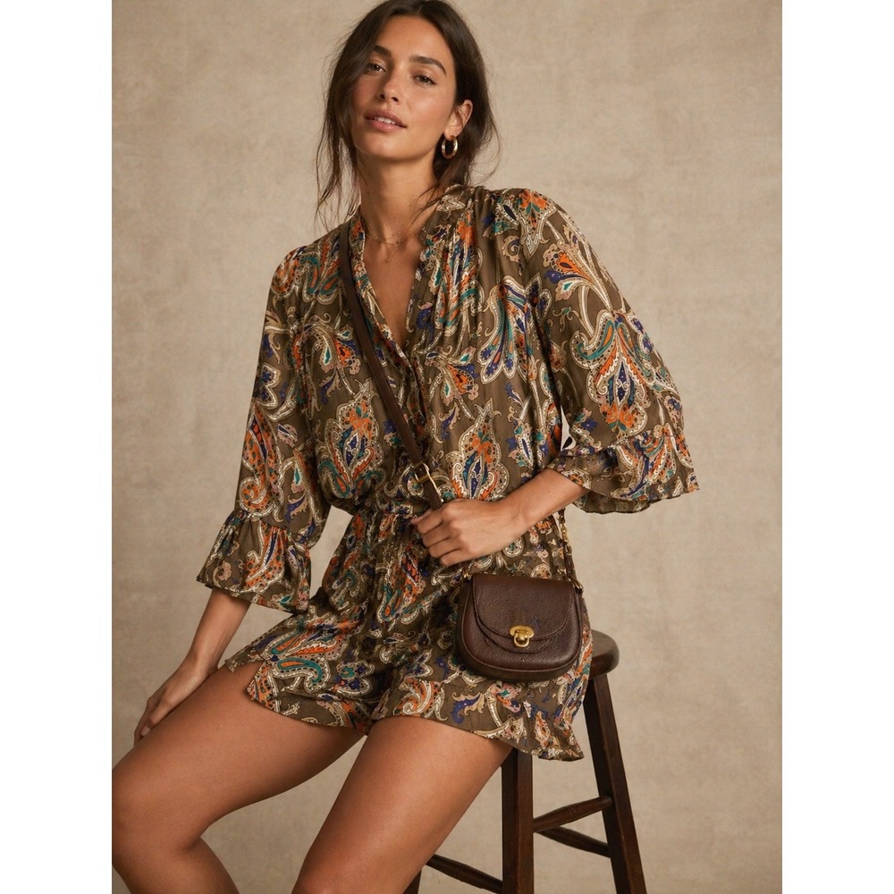 Tibi 100%‎ Silk Paisley Mini Dress Women 4 Brown Orange Ruffle Sleeve Boho Y2k